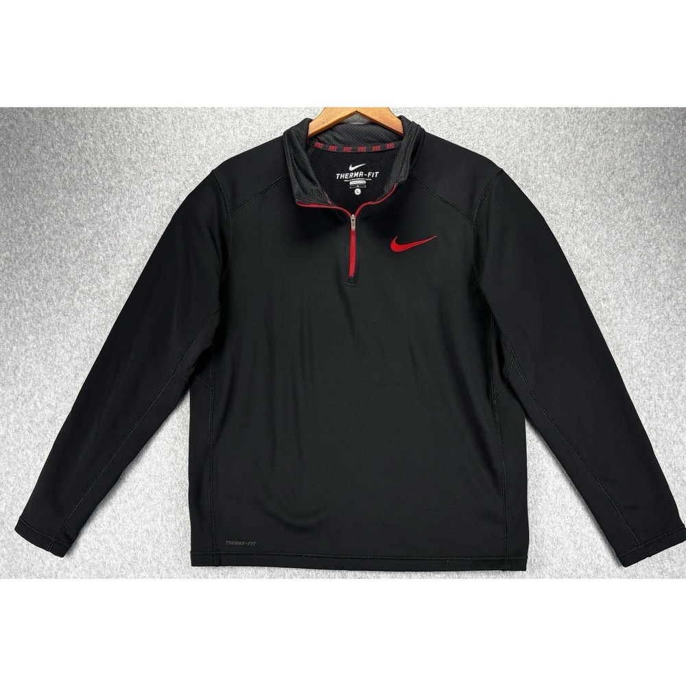 Nike Therma Fit Pullover Mens Large Black Red 1/4‎ Zip Athletic Streetwear Gym